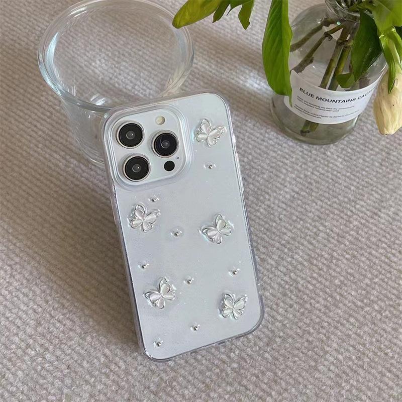 Silver Pearl Ins Wind Butterfly Phone Case for IPhone 16 Promax Transparent Flash Powder for Apple 15 Creative 17 Pro