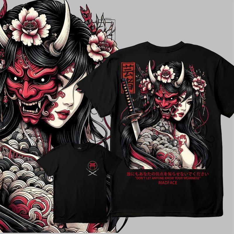 Edgy Japanese Oni Geisha Tattoo Tee with Samurai Sword and Red Floral Print Men's T-shirt Summer Casual Wear