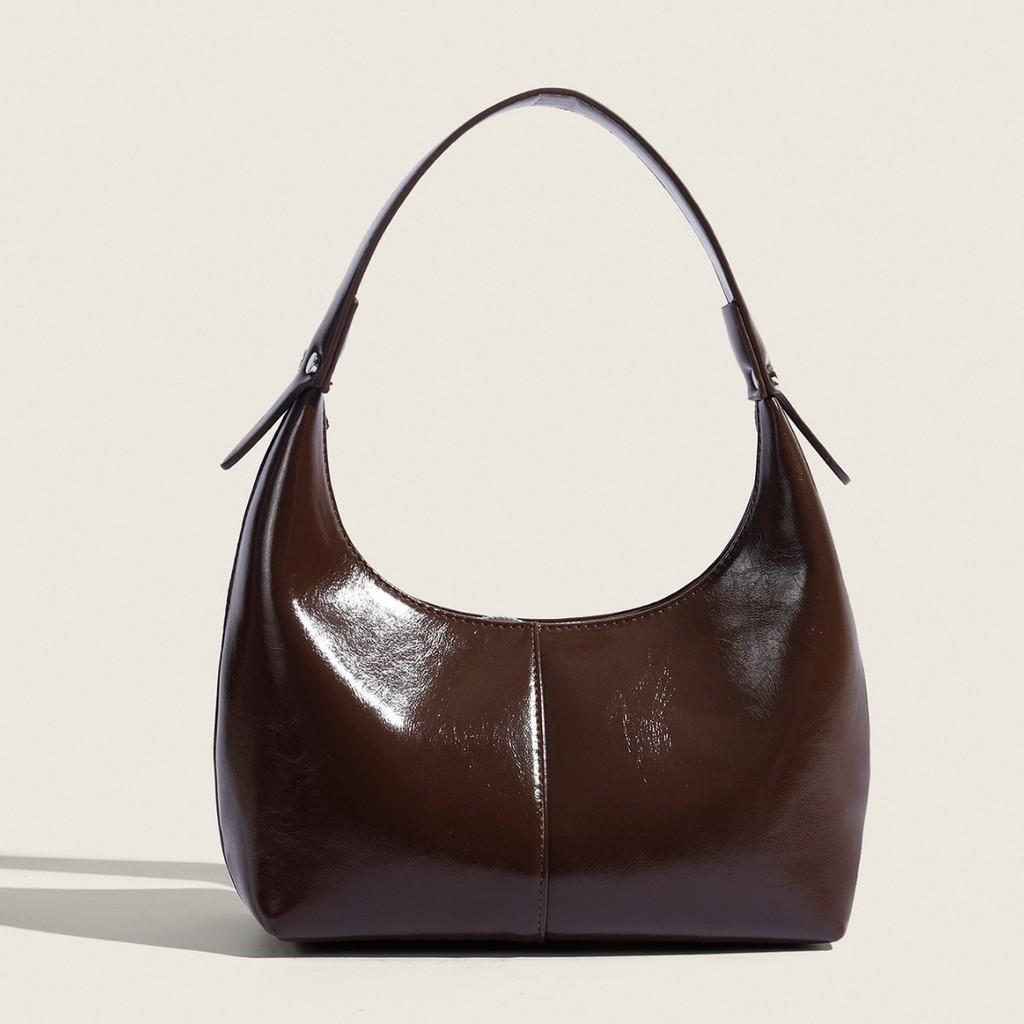 Ielgy Spring Summer Retro Glossy Underarm Bag Oil Wax Texture One Shoulder Dumpling Bag