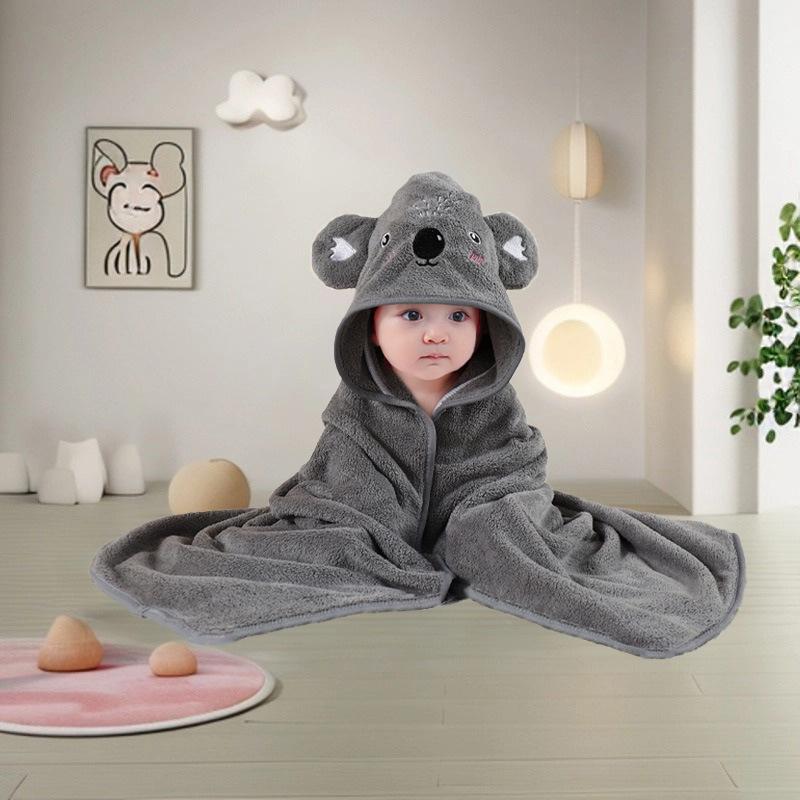 Cartoon Hooded Baby Swaddle & Bath Towel - Coral Fleece, Absorbent, Embroidered, Newborn To Toddler