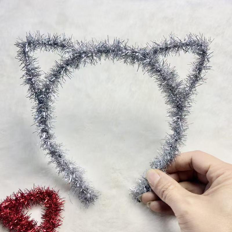 Goldenes Frühlingszwiebel-Seiden-Katzen- & Hasenohren-Stirnband mit silbernem Band - Weihnachtsgeschenk für Kinder Haaraccessoire