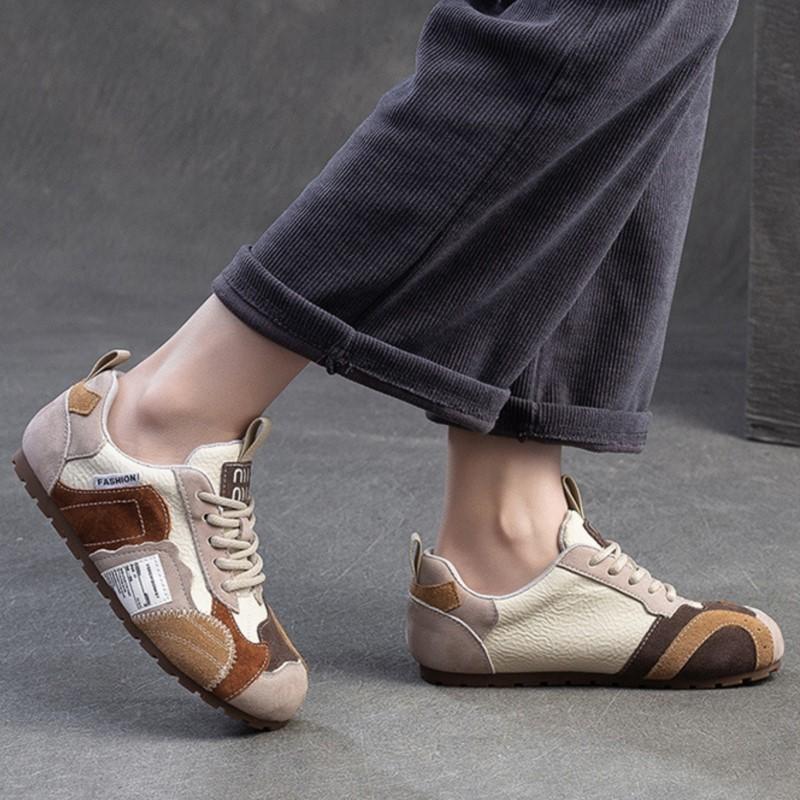 Johnature Color Contrasting Casual Flat Shoes Comfortable Lightweight Soft Soled Retro Women's Shoes