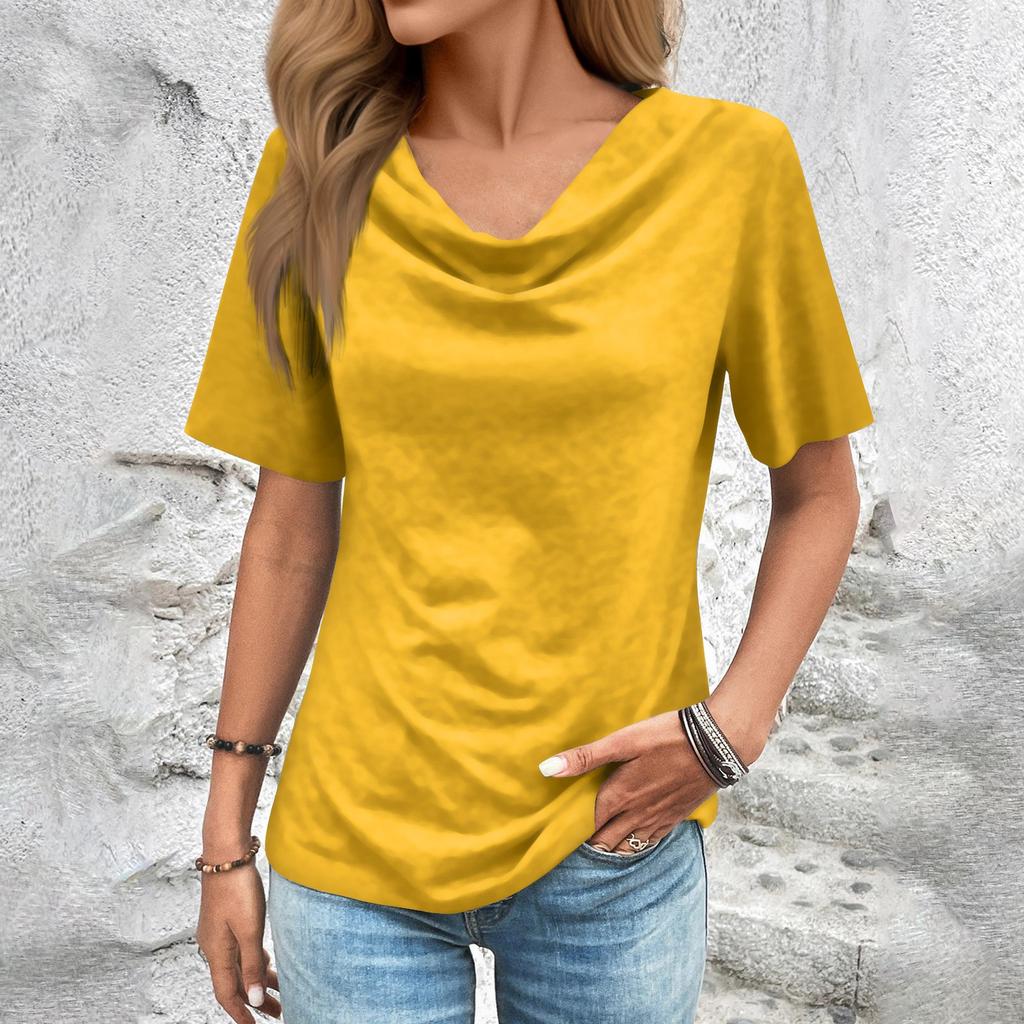 Damenmode, lässig, mit Florkragen, kurzen Ärmeln, lockeres, einfarbiges T-Shirt