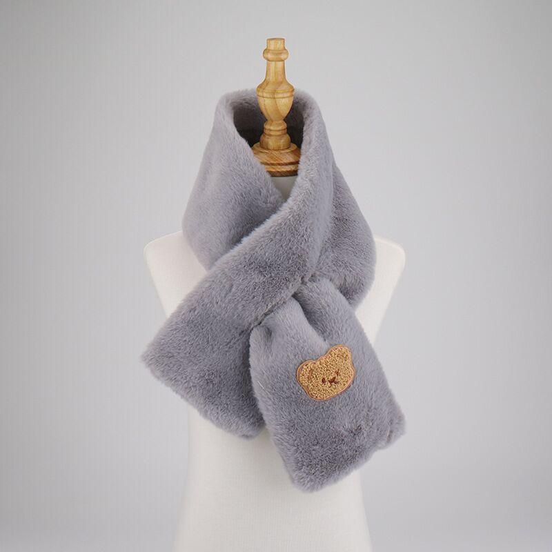 Elegant Faux Rabbit Fur Winter Warm Neck Warmer Cross Scarf Solid Color Neckerchief For Women Cute Little Bear Plush Scarf