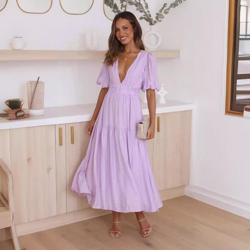2025 Summer Deep V-neck Puff Short Sleeve Fashion Women Dress New Elegant Solid Color Loose Party Medium and Long Dress Women Slim Fit Women Clothing