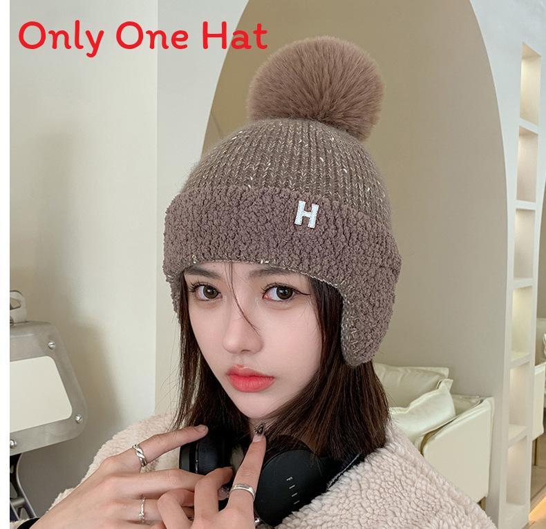 Knitted Winter Hat With Fleece Earmuffs And Large Pom Pom For Women Casual Style