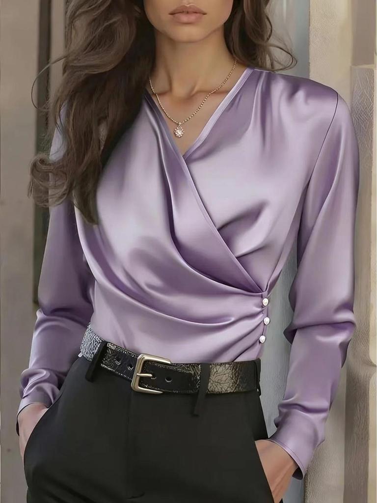 2025 European Autumn Women's Satin V-Neck Slim-Fit Top - Versatile & Stylish