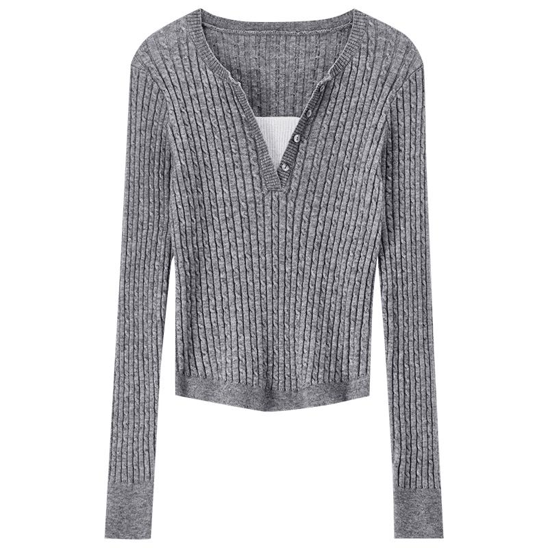 Women's Faux Two-Piece V-Neck Knit Sweater