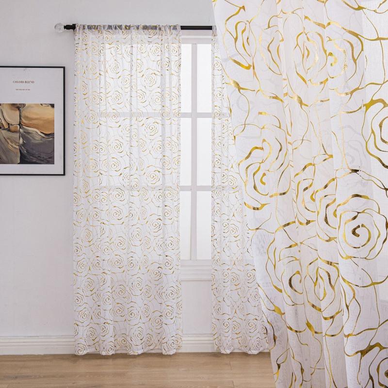 Rose Gold Foil Sheer Curtain – Floral Semi-Blackout Window Curtain, Rod Pocket, 1 Panel, Home Decor