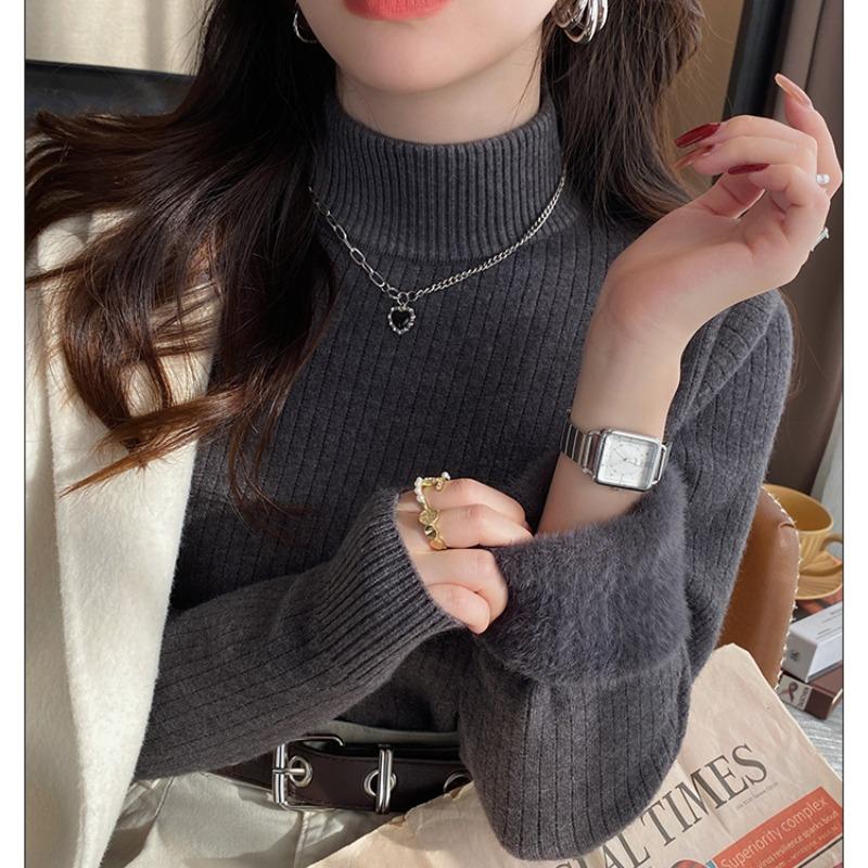 

Женский свитер с высоким воротником Зимний Ретро Красный с бархатной подкладкой Утепленный Внутренний слой Термальная Вязка Базовая рубашка One Size темно серый