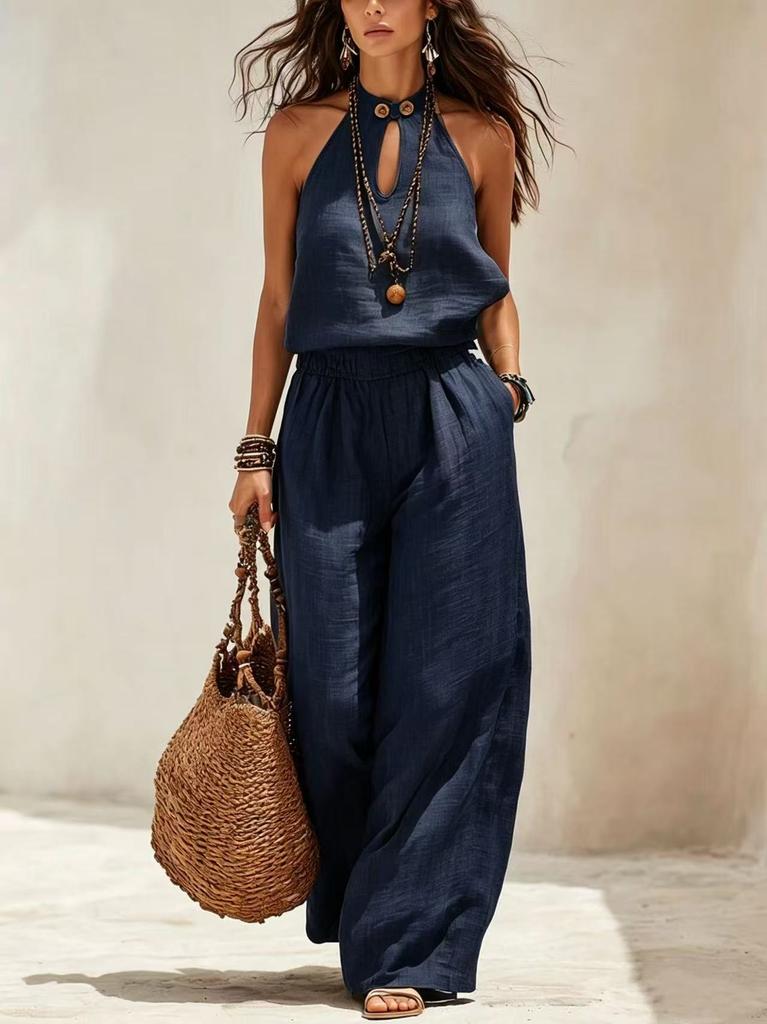 New summer European and American cross-border independent station Amazon women's wide-leg fashion cotton and linen sleeveless neck jumpsuit