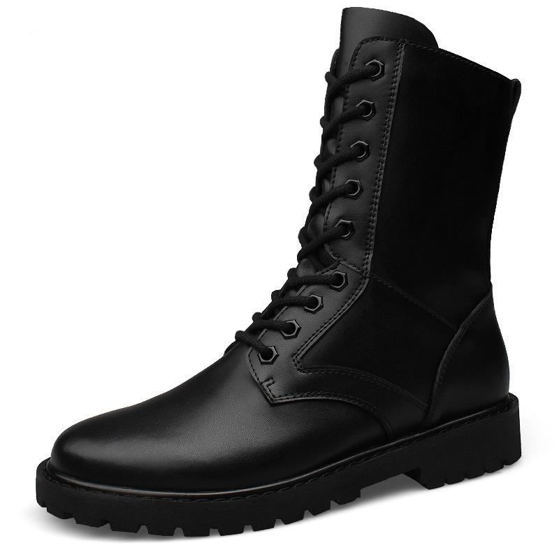 Cotton high-top tall cowhide Martin boots flat-bottomed round boots work outdoor lace-up side zipper hollow boots men