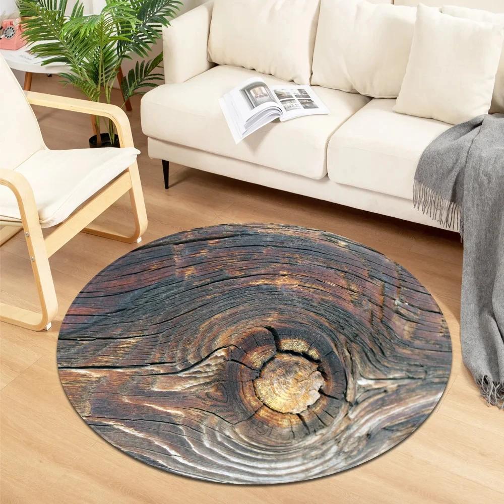 Wooden Pattern Round Area Rug, Soft Chenille Anti Slip Circle Carpet for Living Room, Bedroom, Bathroom, Home Floor Mat Decor