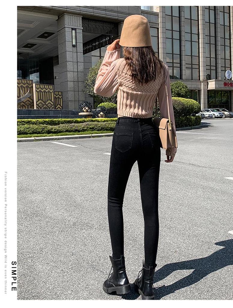 Women's High Waist Stretchy Skinny Black Jeans, Plus Velvet, Thickened, Plus Size, Spring Collection