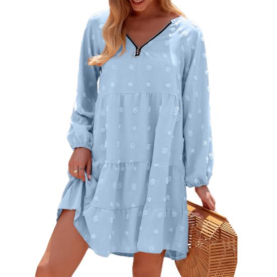 Women's Mini Dress Long Sleeve Swiss Dot Dress V Neck Zipper Casual Pleated Flared A Line Swing Dress