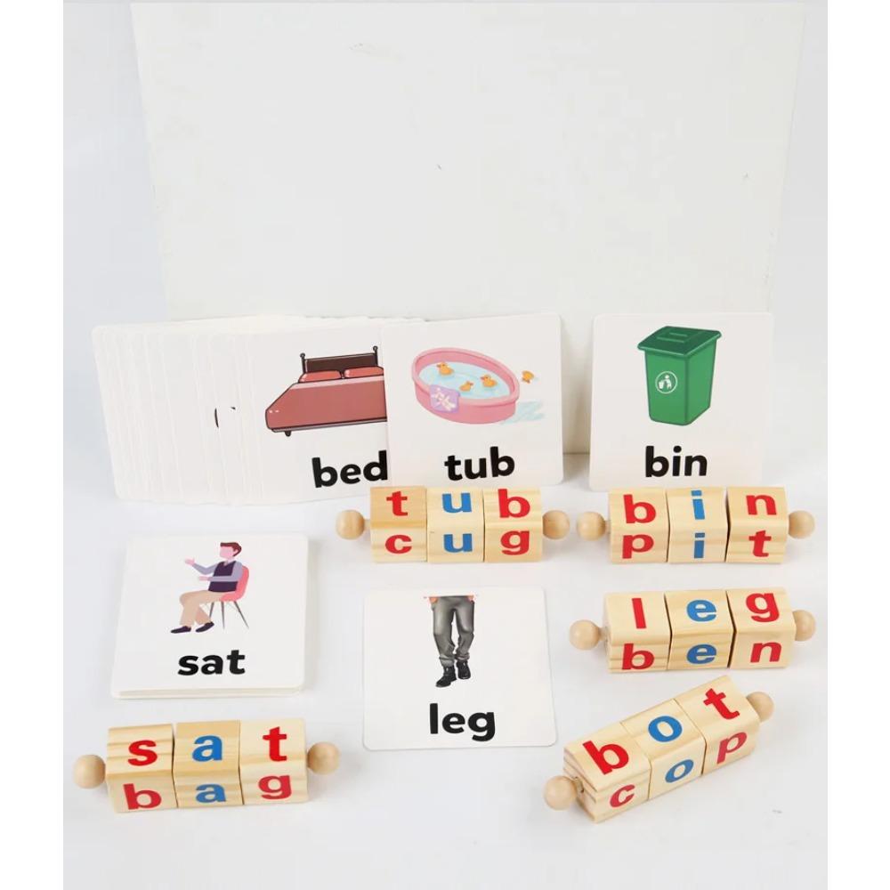 Wooden Word Spelling Game Alphabet Learning Toys for Preschool Boys and Girls Letters Reading Building Blocks Game with 24 Cards