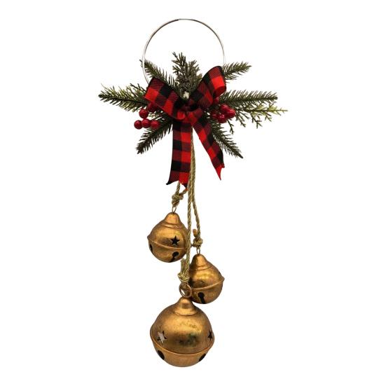 Christmas Bell Decoration 17.7" Hanging Jingle Bells with Plaid Bow Pine Needles Red Berries Rustic Holiday for Door