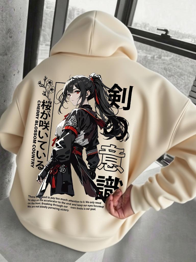 Men's loose-fitting, casual, stylish printed Japanese anime-themed hooded sweatshirt, suitable for autumn and winter wear, warm and comfortable.