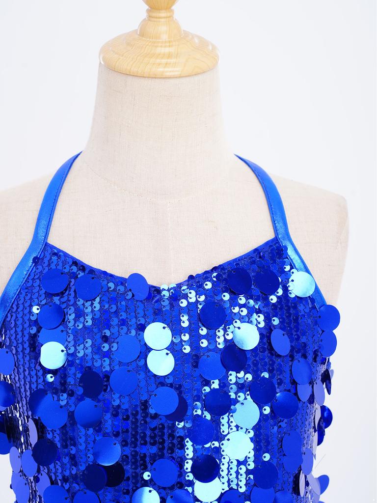 Kids Girls Dance Performance Costume Sleeveless Side Invisible Zipper Back Mesh Patchwork Feather Glittery Sequin Leotard