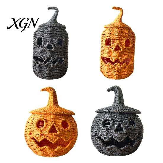 Handmade Fall Decor Handwoven Halloween Pumpkin Basket, Spooky Candy Storage Basket with Lid, Vintage Wicker LED Lantern for Light Up Candle