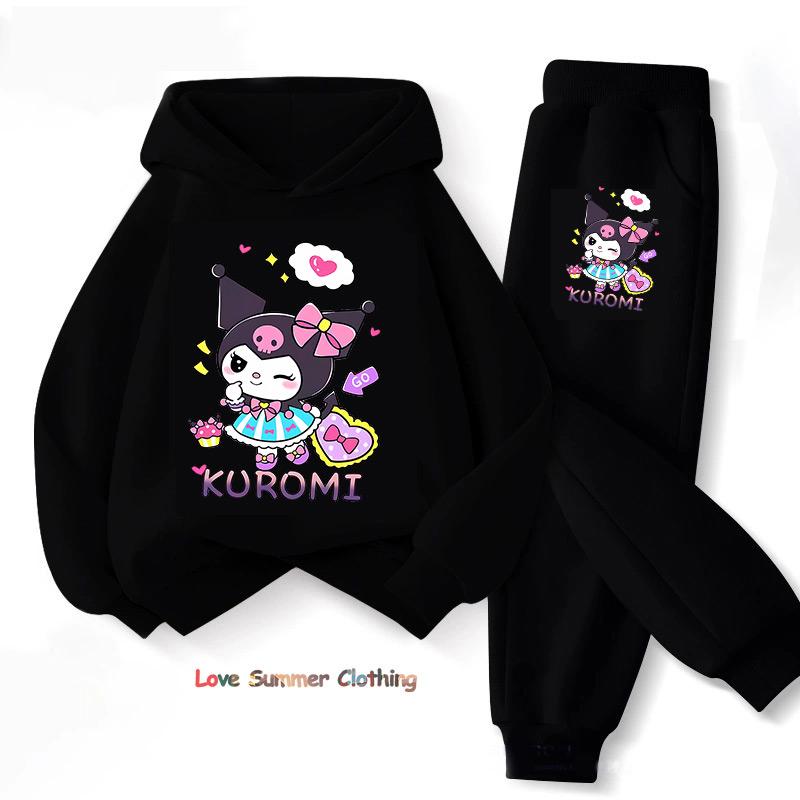 Sanrio Spring Autumn Kuromi Children Clothing Sets Cartoon Kuromi Print Girls Sweatshirt 2pcs Suit Thin Kids Tracksuit
