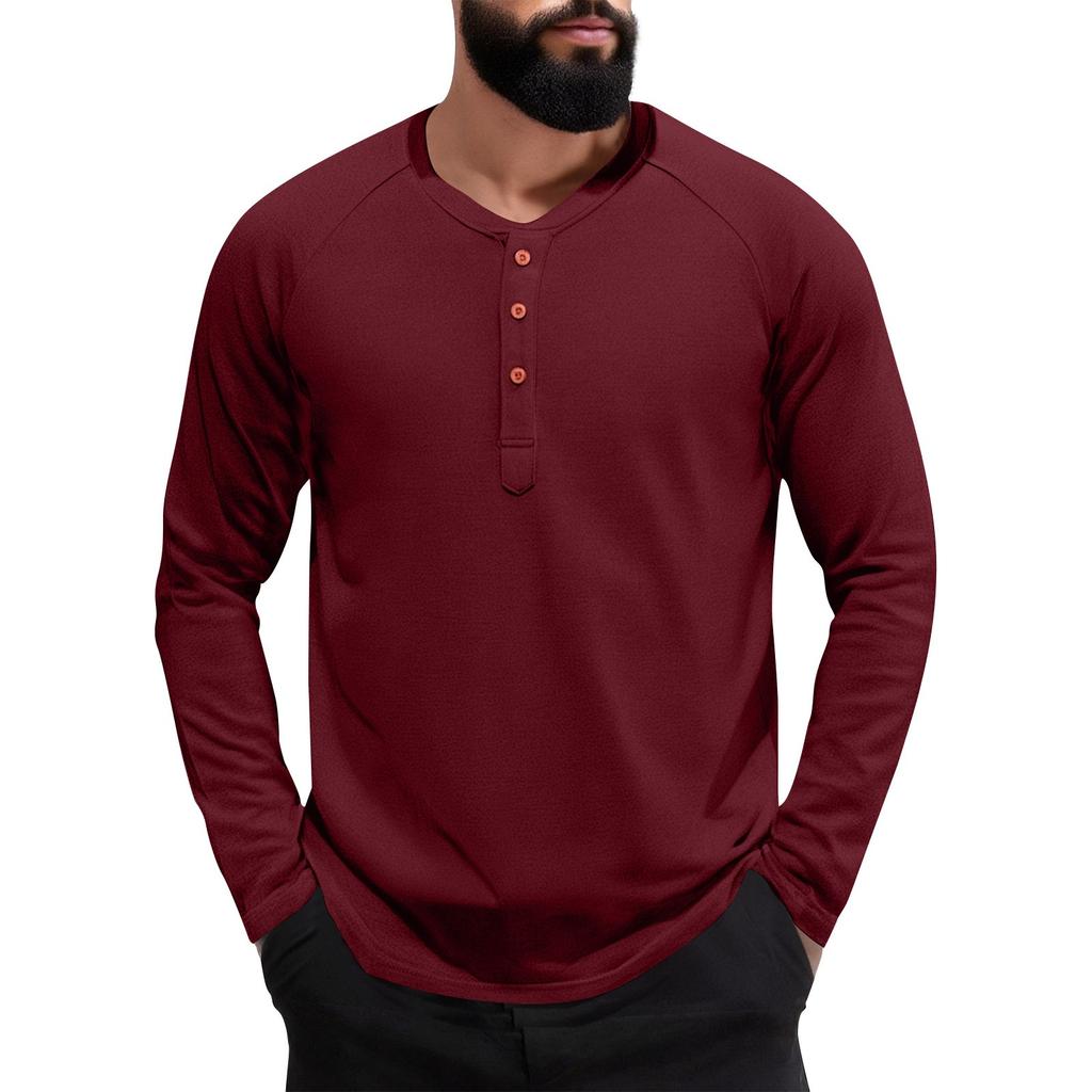 Men's Solid Color Slim-Fit Collar Button Casual Long-Sleeved Top