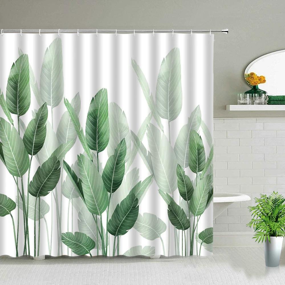 Green Leaves Shower Curtain Monstera Leaf Tropical Plant Spring Bathroom Curtain Bathtub Decor Waterproof Fabric With Hooks