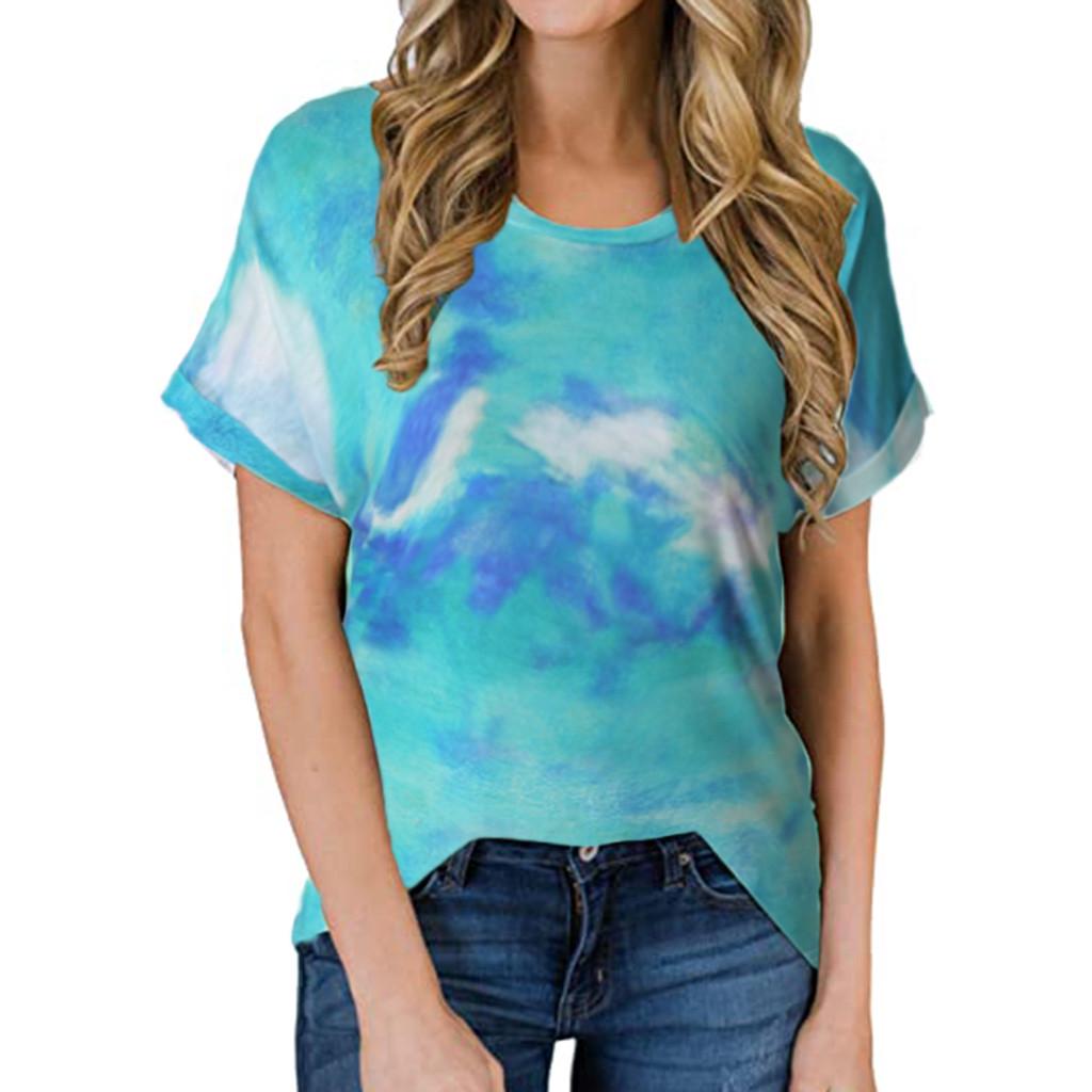 Kvinners rundhals kortermet Tie-Dye Print Uformell løs topp T-skjorte bluse