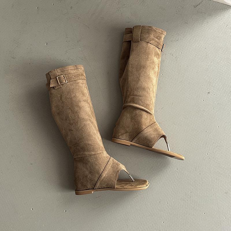 Fashion boots retro toe cool boots women's summer fashion new one-word buckle decorative bohemian wedge sandals