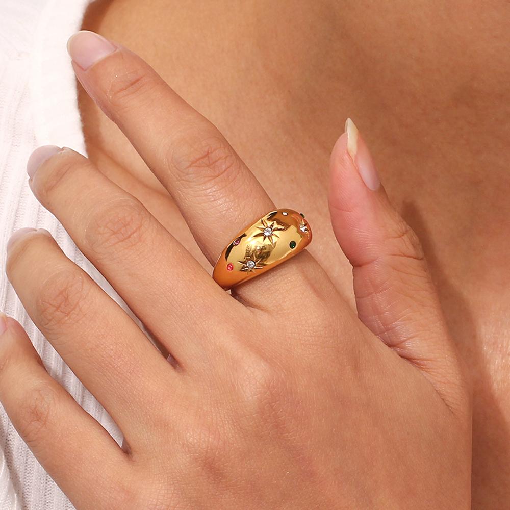 E.B.belle 2024 Collection Colorful Crystal Zircon Gem Star Pattern Bold Dome Stainless Steel Rings For Women Gold Plated Ring