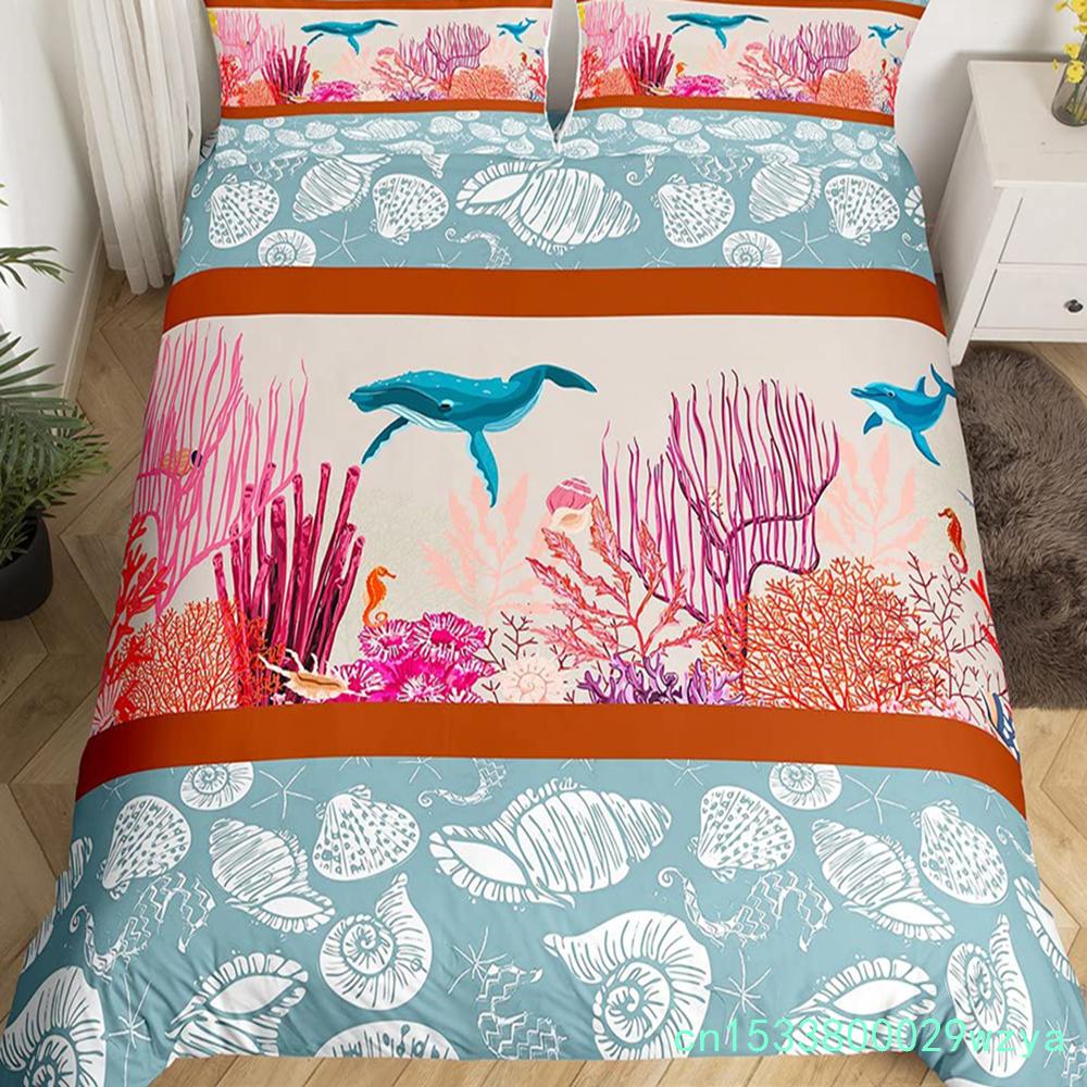 Katze Bettbezug Set Aquarell Wal Fischen Bettwäsche Set Ozean Meereswelle Bettdeckenbezug Marine Nautisch Themen Tagesdecke Bezug