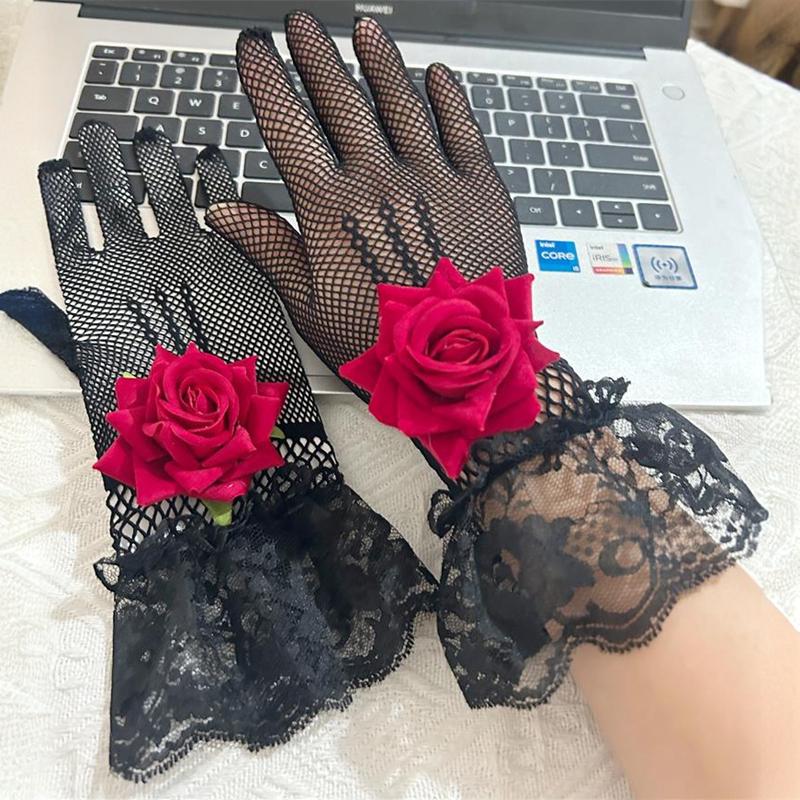 Sexy Rose Fischnetz Aushöhlen Handschuhe Spitze Dünne Handschuhe Hochzeit Bühnenperformance Po Requisiten