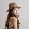 Autumn and winter new fashion casual PU leather rope decoration wide brim crown top wool jazz hat concave top hat tide