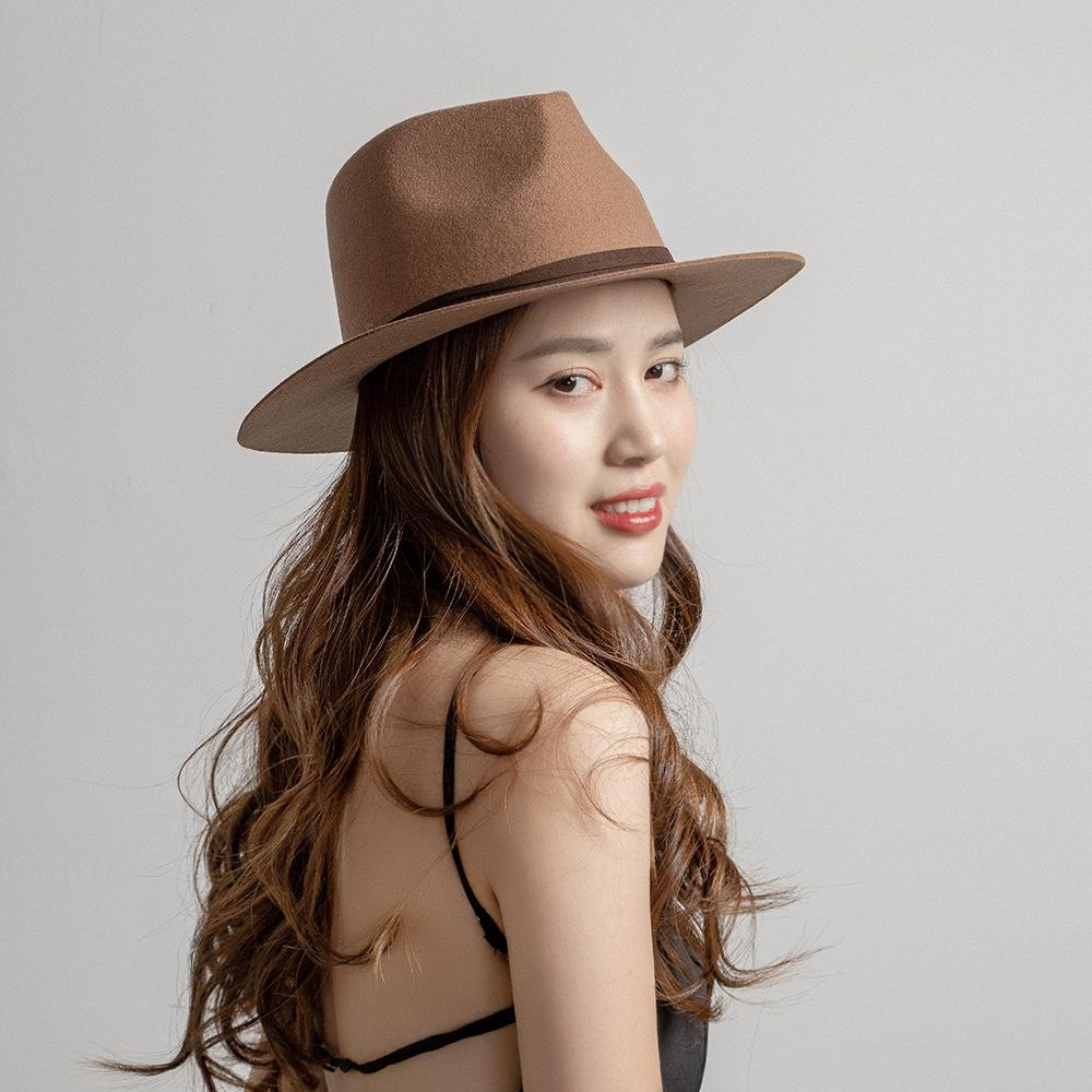 Autumn and winter new fashion casual PU leather rope decoration wide brim crown top wool jazz hat concave top hat tide