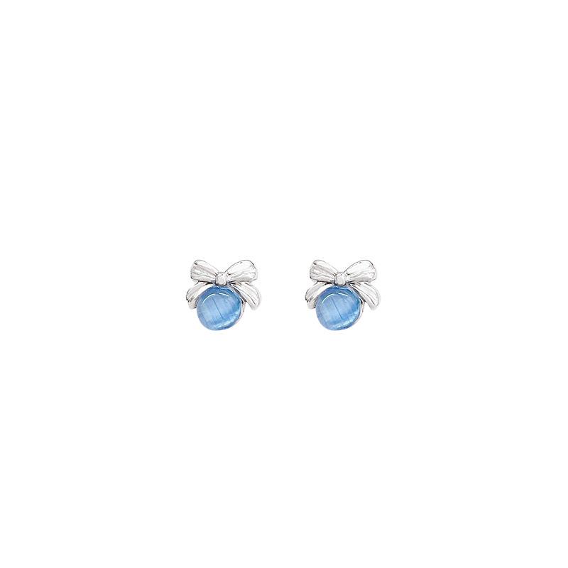 Silver Needle Blue Opal Moon Stud Earrings Female Unique