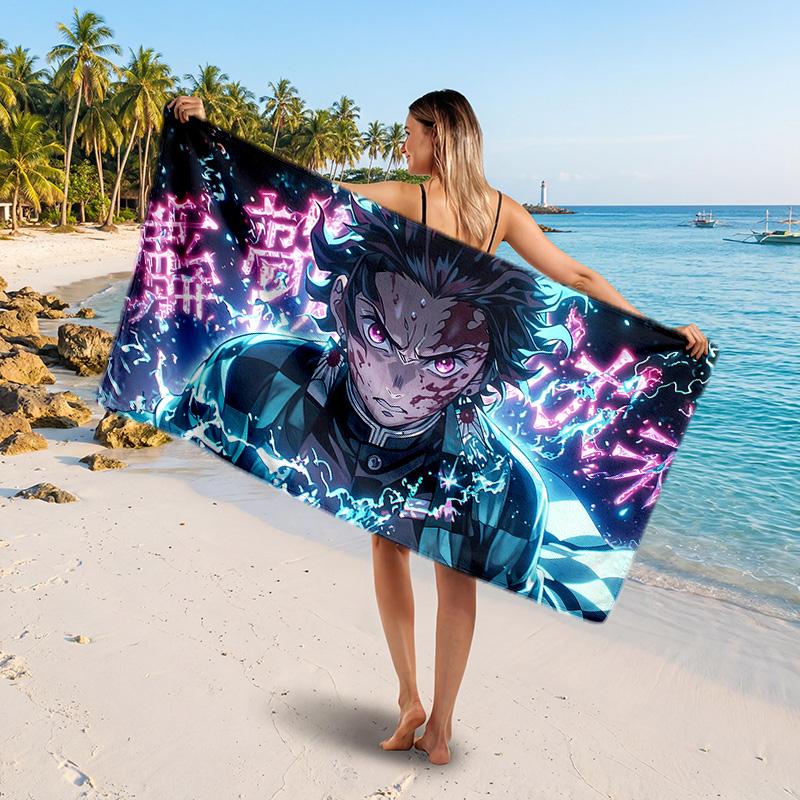 Kamado Tanjiro Printed Swim Towel, Portable Water Absorbent Towel for Beach Camping Daily Bathroom Use