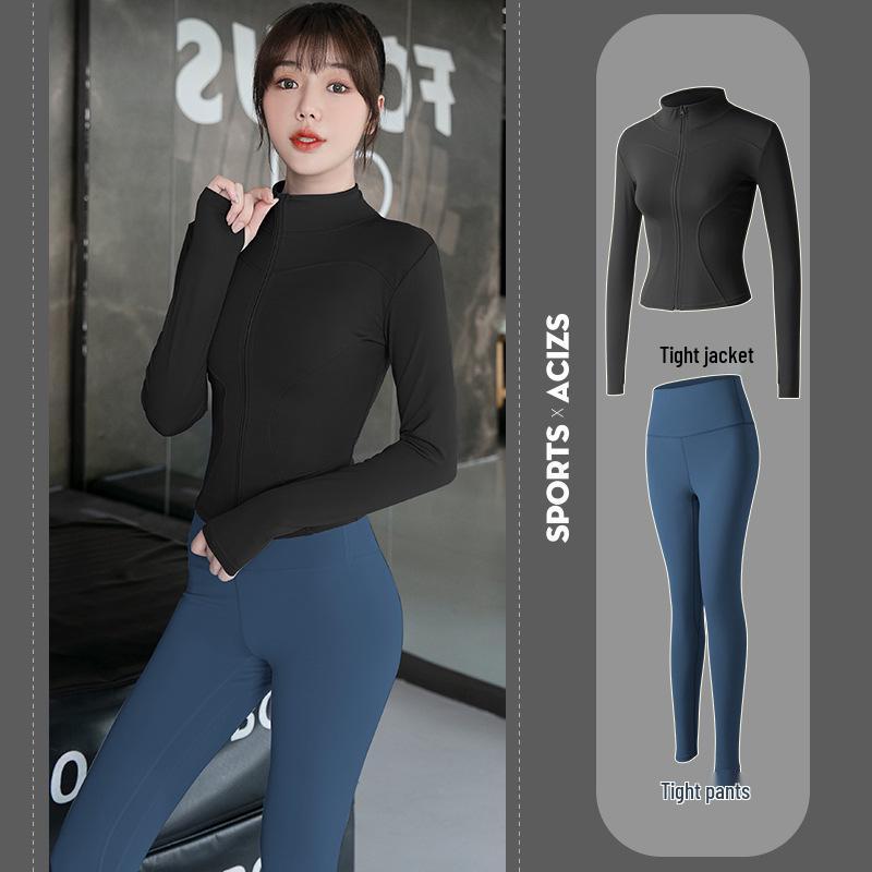 

Комплект женской спортивной одежды: Одежда для йоги с курткой с длинным рукавом и леггинсами с эффектом «персиковых ягодиц» для фитнеса, тренажерного зала и бега L