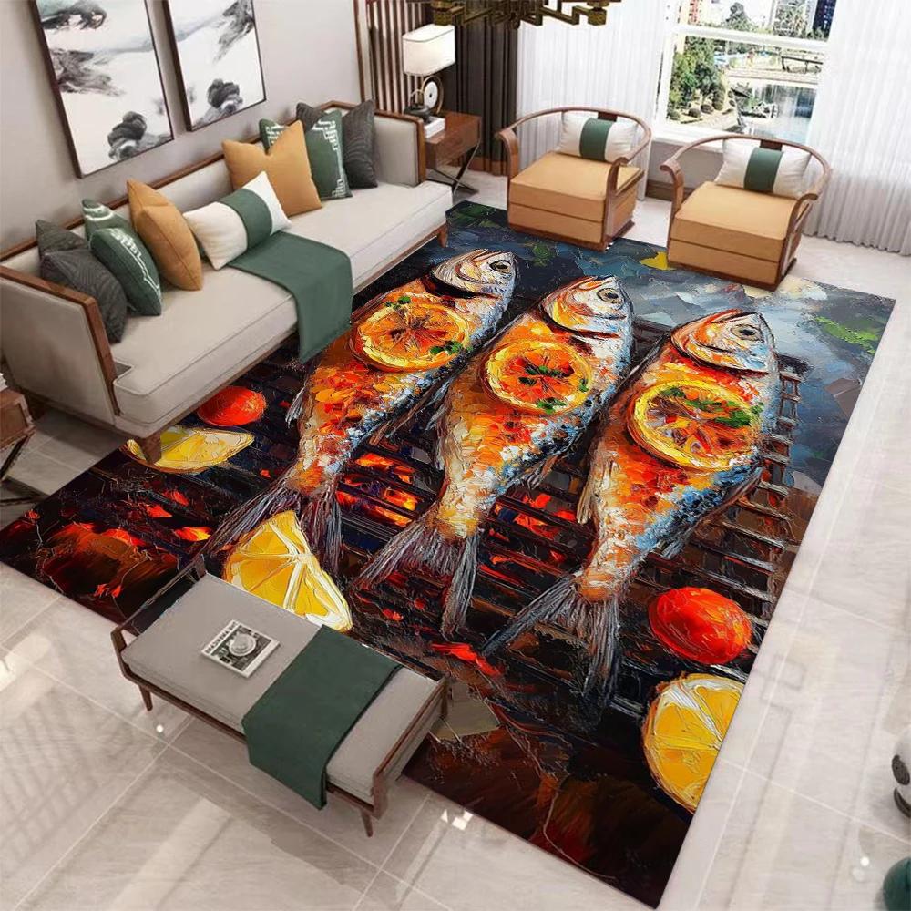 Colorful Grilled Fish Camping Picnic Carpet Living Room Bedside Bedroom Carpet Kitchen Dining Table Floor Mat Corridor Door Mat