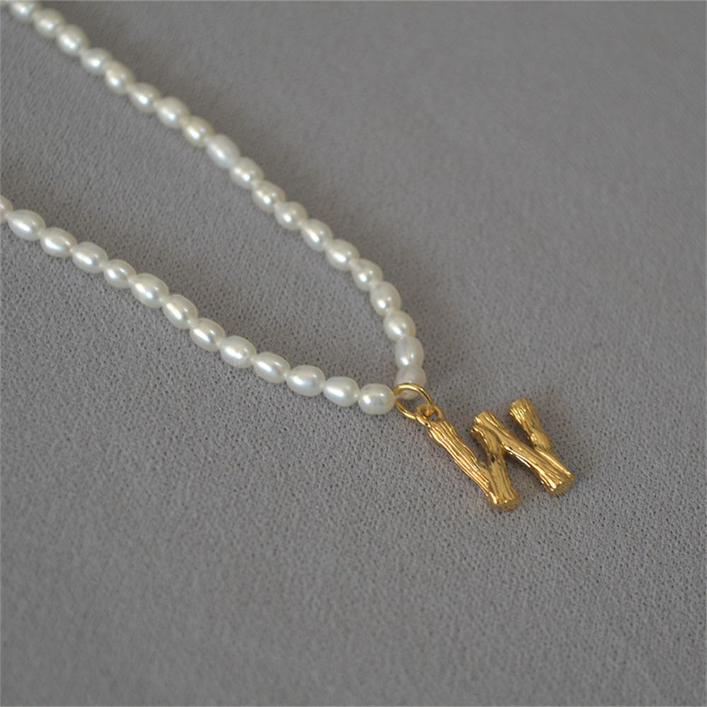 French Vintage Oval Artificial Pearl Chain Necklace For Women Fashion Boho Gold-plate Metal Tree Texture Letter Pendant Jewelry