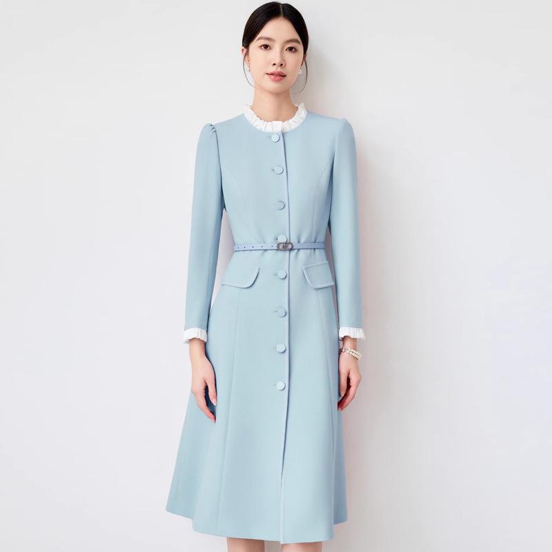 Blue Mid-Length Ruffle Edge Color Block Collar Professional Women's Dress