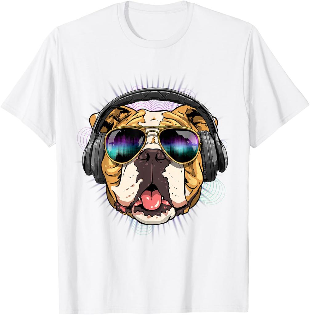 Music Bulldog DJ Headphones Graphic Tee Men Casual Cotton Short Sleeve T-Shirt