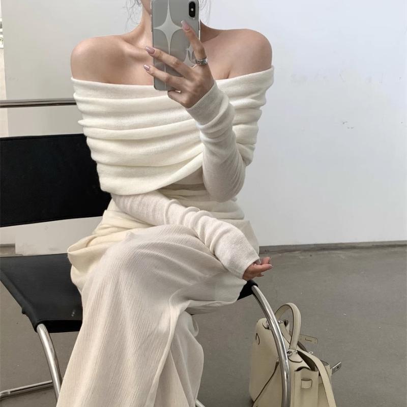 Autumn New Sexy One Shoulder Pullover Sweaters for Women Lapel Off Shoulder Long Sleeved Knitted Sweater Woman Elegant Casual Winter Knitwear 24861