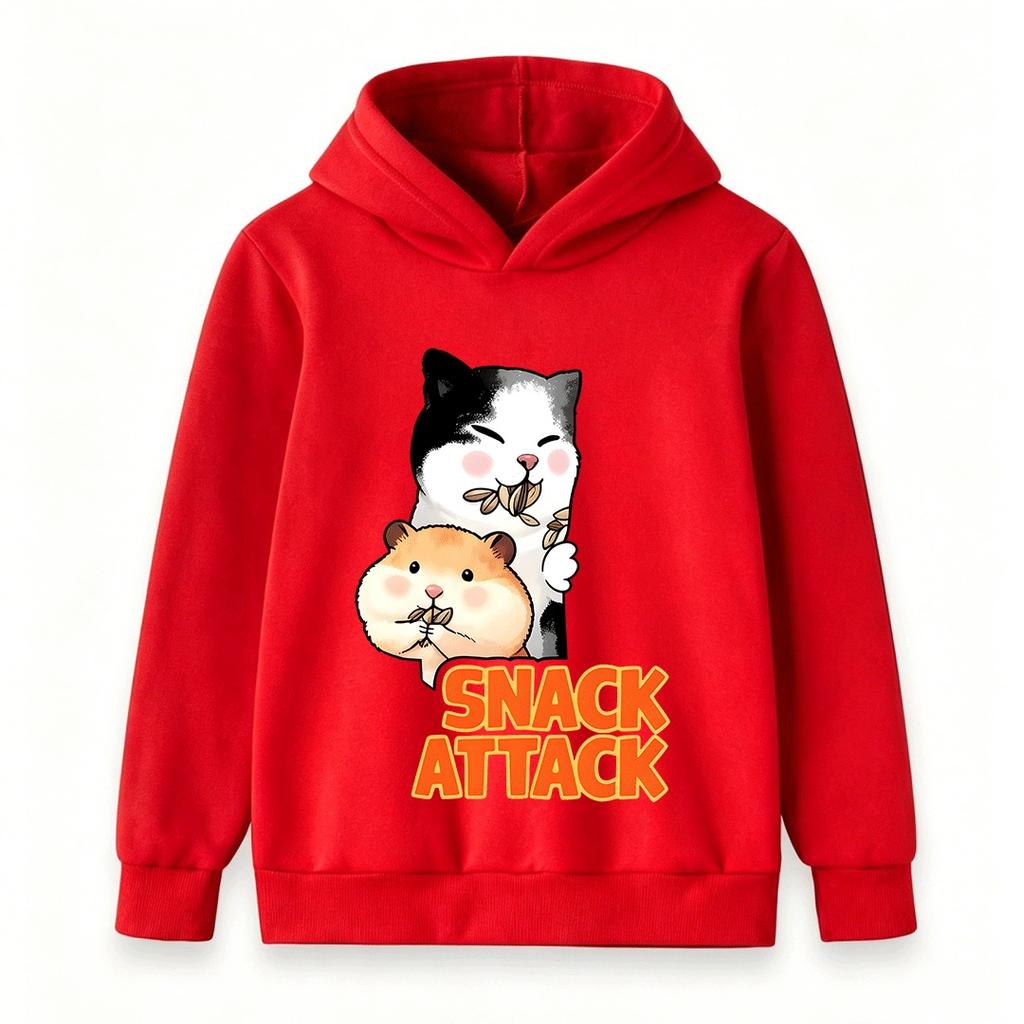 Kids Boys Girls Hoodie, Cute Cat Hamster Snack Attack Print Casual Long Sleeve Pullover Sweatshirt for Daily Wear
