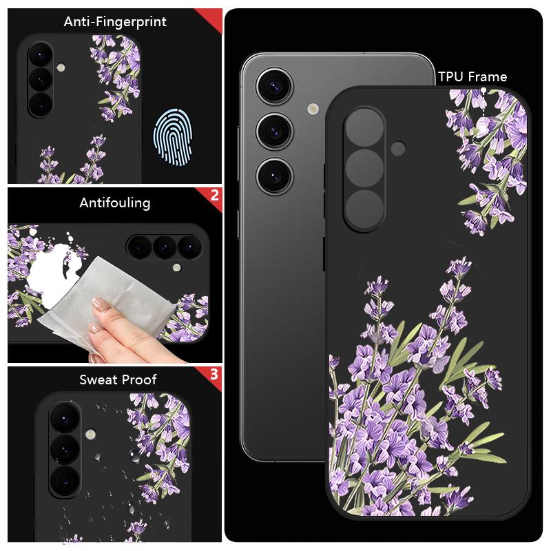 Floral Print Soft Matte Case Cover For Samsung S25 Ultra S24 FE S23 A56 A36 A16 A55 Lens Protection TPU Lanyard Shockproof Silicone Slim Phone Shell