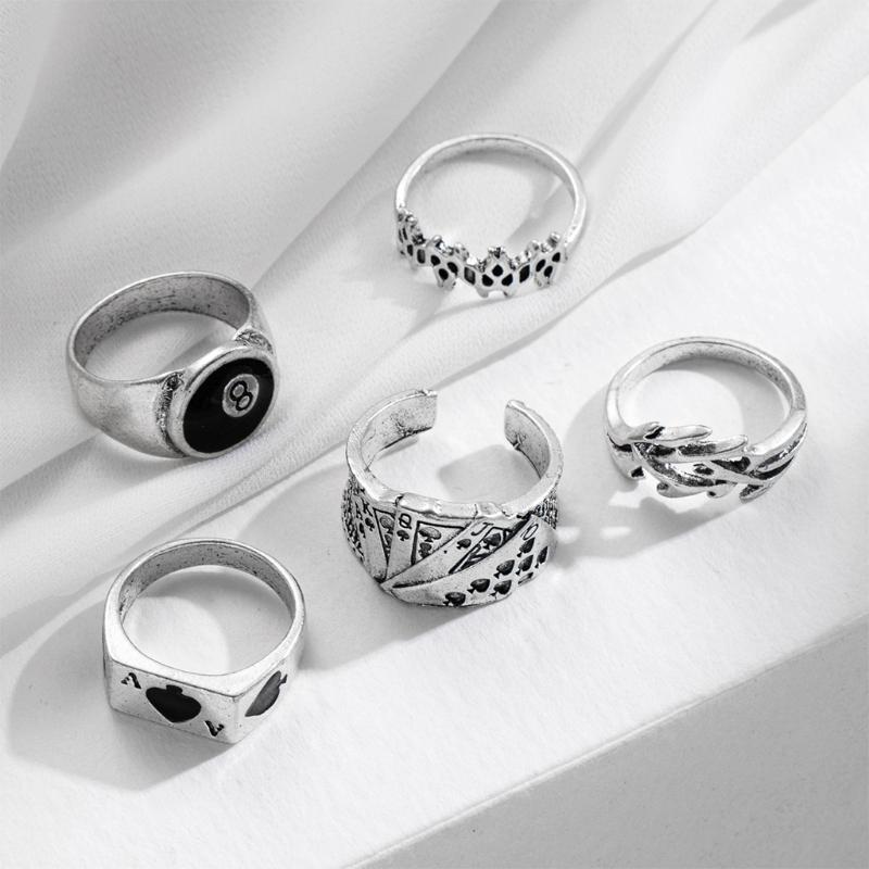 5 Pieces Punk Poker Billiards Rings for Women Funny Goth Hip Hop Retro Fashion Male Couple Birthday Festival Jewelry