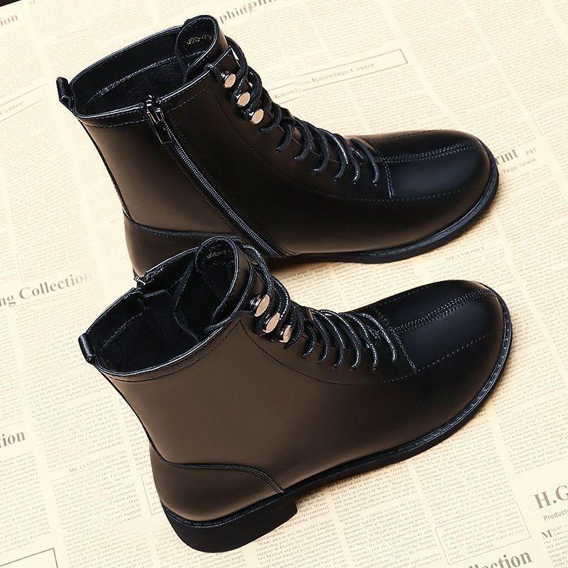 Middle Heel Lace-Up Round Toe Women'S Half High Boots Autumn Winter Fleece-Lined Trend  Y2K Gothic Ladies Mid Calf Shoes