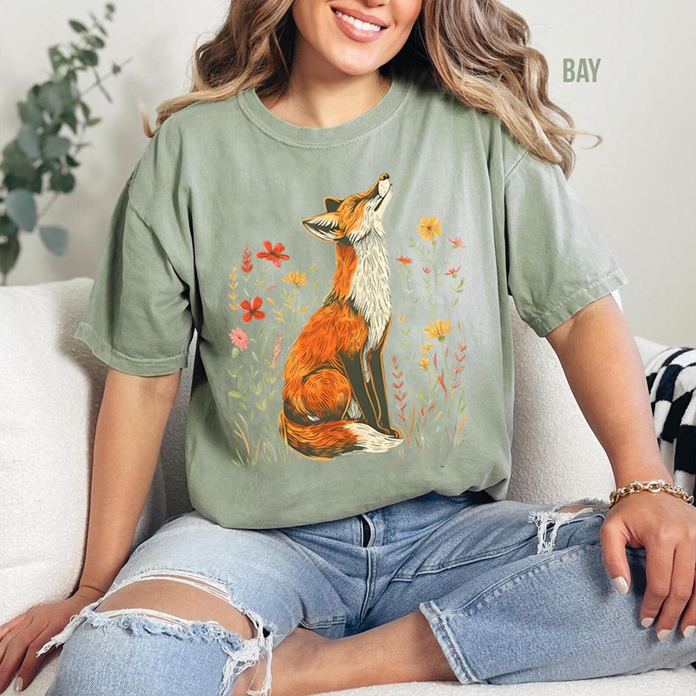 Vintage Wildflower Fox Comfort Shirts Light Academia Cottagecore Forestcore Whimsical Shirt Casual Daily Y2K Top Streetwear