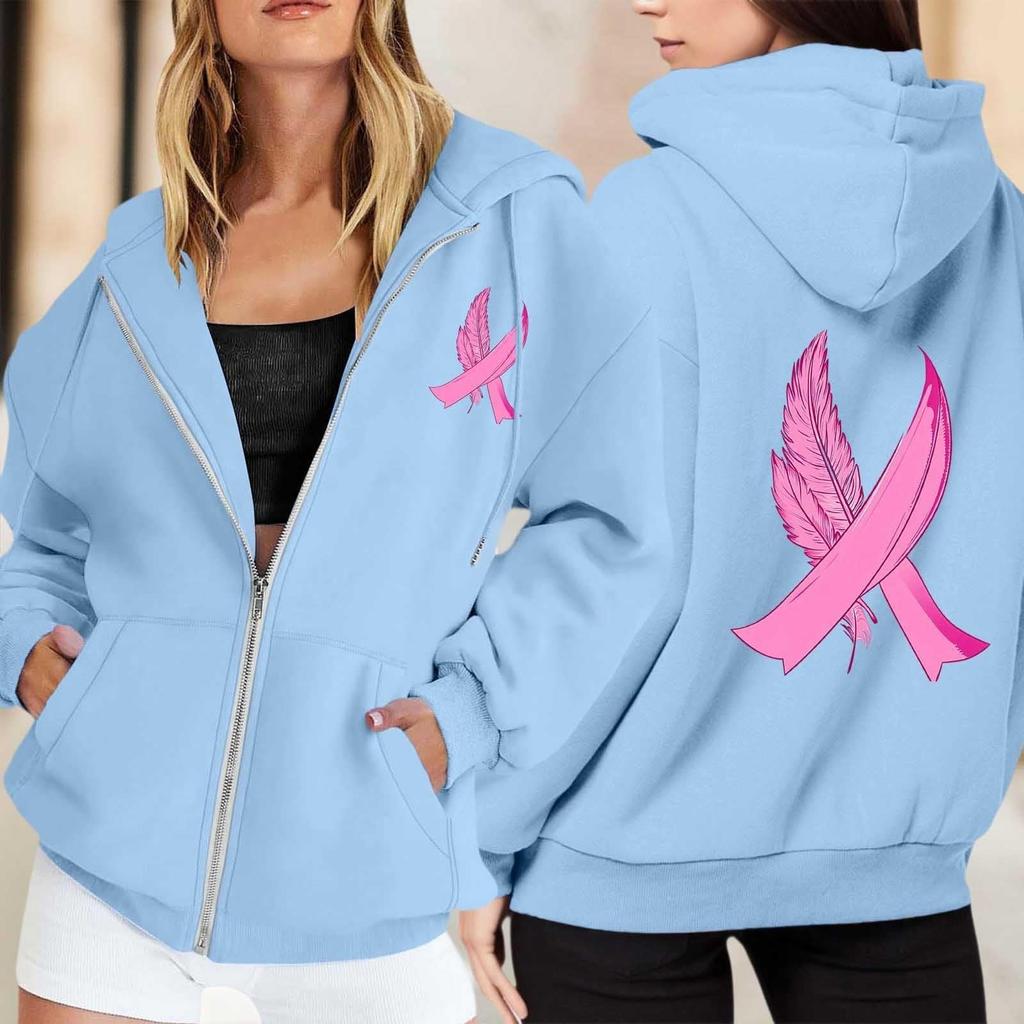 Women's Breast Sweatshirt Ribbon Breast Long Sleeve Hooded Pocket Casual Sweatshirt Jacket