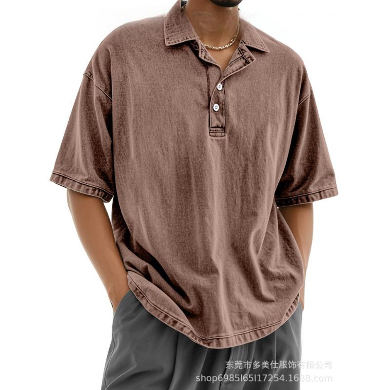 Mens Casual Washed Solid Color Drop Shoulder Short Sleeve Polo Shirt