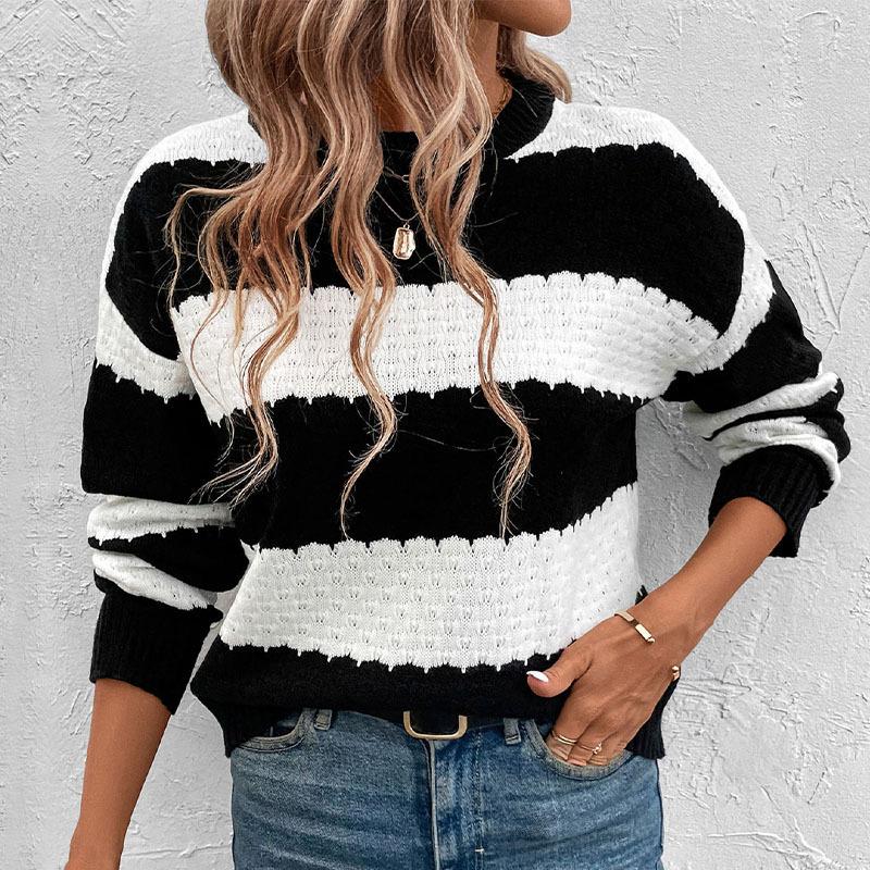 

New Loose Warm Women s Round Neck Sweater Top Black and White Contrast Striped Knitted Pullover S чёрный